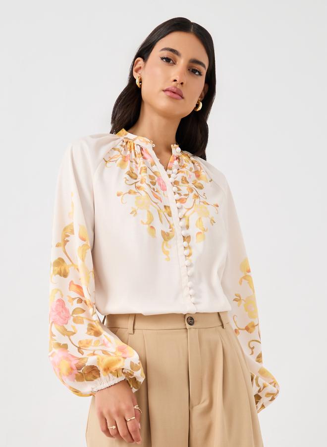 Styli Styli Floral Print Balloon Sleeve Buttoned Shirt  - Image 1