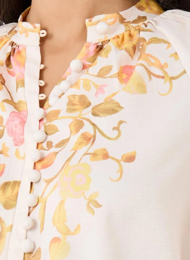 Styli Styli Floral Print Balloon Sleeve Buttoned Shirt