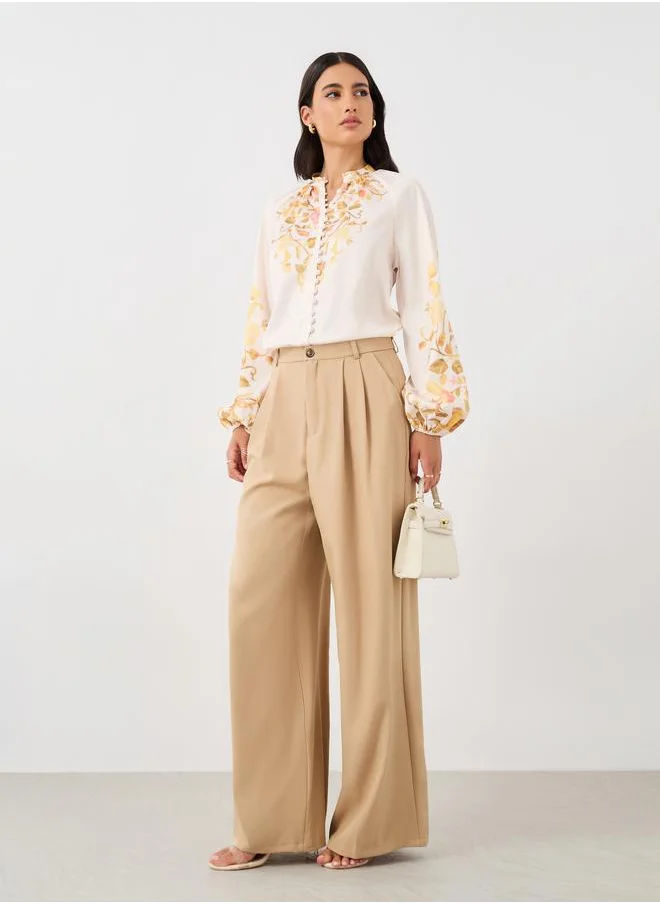 Styli Styli Floral Print Balloon Sleeve Buttoned Shirt