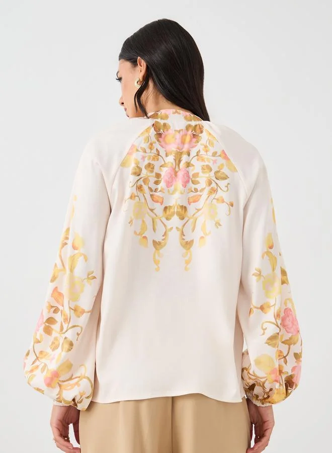 Styli Styli Floral Print Balloon Sleeve Buttoned Shirt