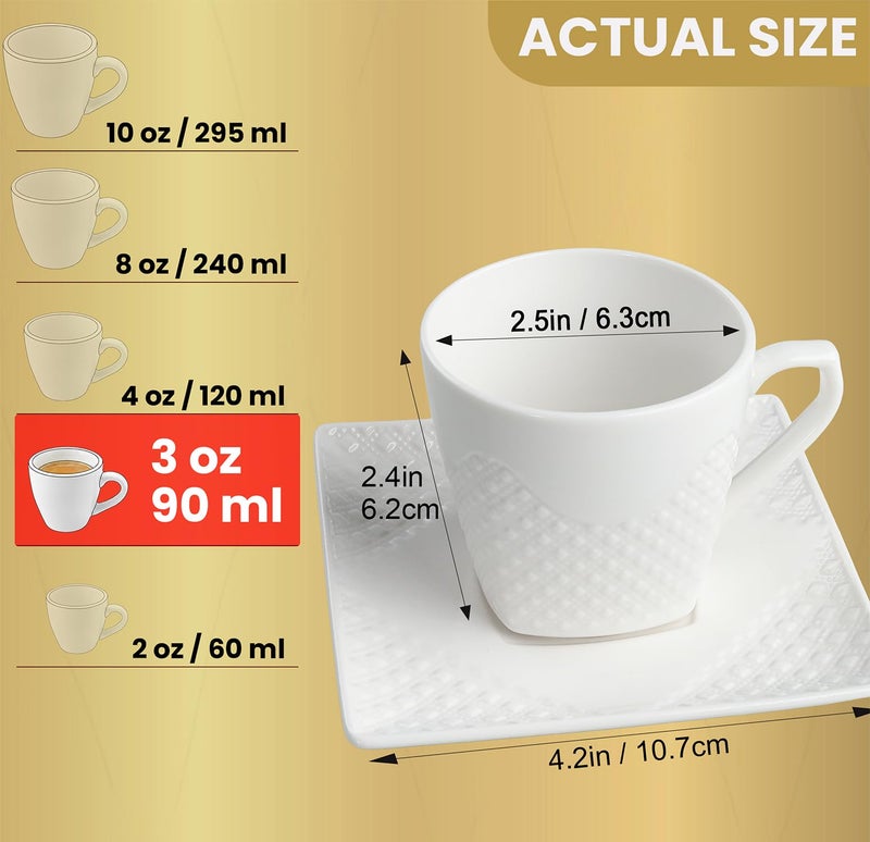 FUOCCI Espresso Cups With Saucer - 3 oz (90 ml) Turkish Coffee Cup, Small Modern Embossed Porcelain for Expresso, Cuban & Arabic Coffee, Elegant White (Set of 6) - Image 4