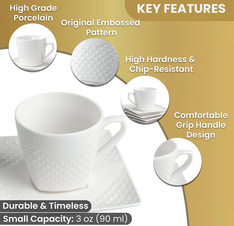 FUOCCI Espresso Cups With Saucer - 3 oz (90 ml) Turkish Coffee Cup, Small Modern Embossed Porcelain for Expresso, Cuban & Arabic Coffee, Elegant White (Set of 6) - Image 3