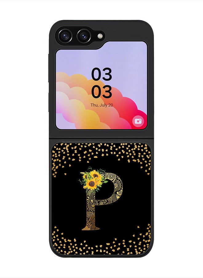 Stylizedd Rugged Black Cover for Samsung Galaxy Z Flip5 Case, Slim Fit Soft Cases-  Custom Monogram Initial Letter Mandala Floral Pattern Alphabet- P (Black) - Image 1