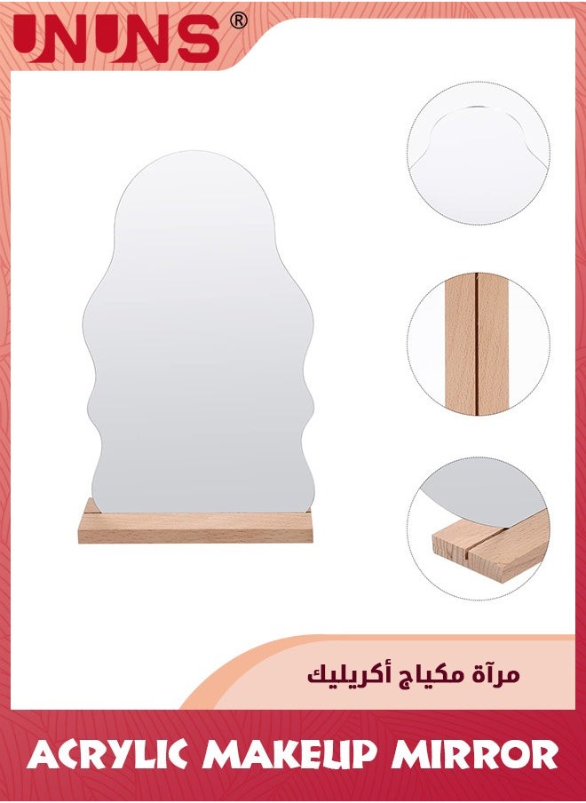 UNUNS مرآة مكياج أكريليك، مرآة زينة غير منتظمة، مرآة ديكور غرفة جمالية مع حامل خشبي، مرآة سطح طاولة بدون إطار، مرآة قائمة غير منتظمة لغرفة النوم/غرفة المعيشة/ديكور الغرفة ذات المساحات الصغيرة  - Image 4