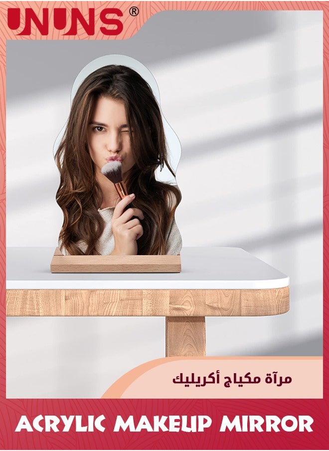 UNUNS مرآة مكياج أكريليك، مرآة زينة غير منتظمة، مرآة ديكور غرفة جمالية مع حامل خشبي، مرآة سطح طاولة بدون إطار، مرآة قائمة غير منتظمة لغرفة النوم/غرفة المعيشة/ديكور الغرفة ذات المساحات الصغيرة  - Image 5
