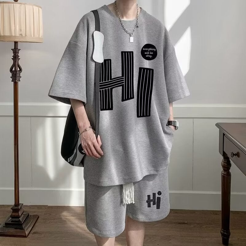 Waffle plus size Sports suit Boys Summer Hong Kong Fashion Brand Loose High Sense Short Sleeve Shorts Two-piece Fashionable Set Grey  - Image 1