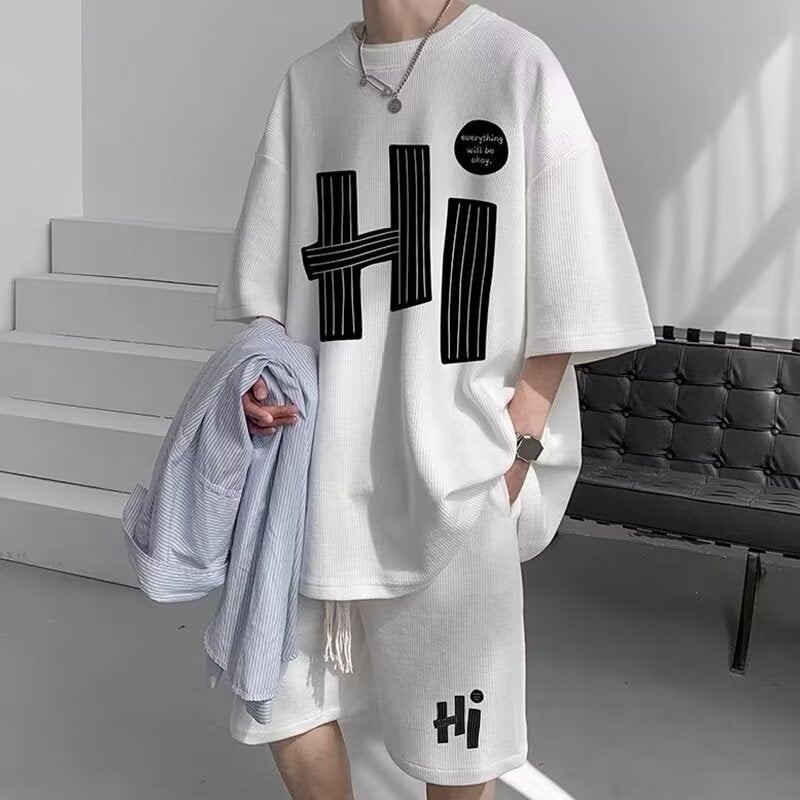 Waffle plus size Sports suit Boys Summer Hong Kong Fashion Brand Loose High Sense Short Sleeve Shorts Two-piece Fashionable Set Grey  - Image 2