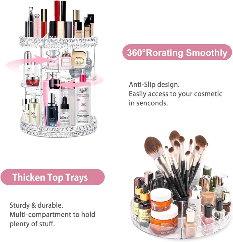 Acrylic Makeup Organiser, Cosmetic Storage and Vanity Perfume Organizer in Countertop Bathroom Dresser, 360 Rotating Makeup Holder Stand for Beauty Caddy Skincare & Clear & Diamond Pattern - Image 2
