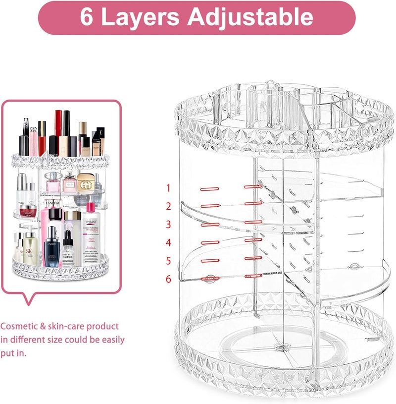 Acrylic Makeup Organiser, Cosmetic Storage and Vanity Perfume Organizer in Countertop Bathroom Dresser, 360 Rotating Makeup Holder Stand for Beauty Caddy Skincare & Clear & Diamond Pattern - Image 3