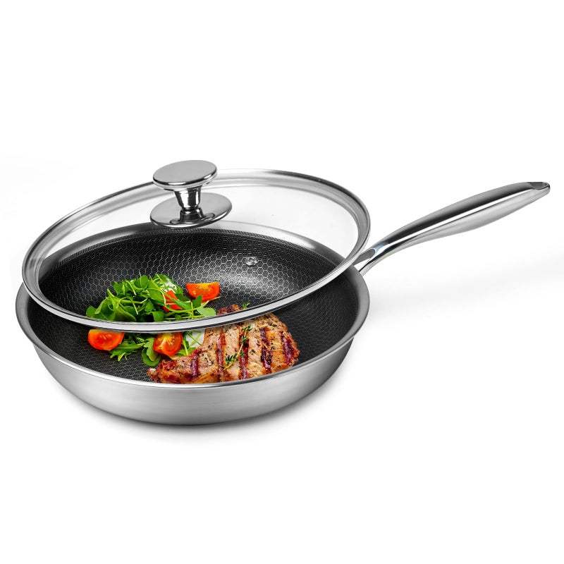 Stainless Steel Frying Pan Nonstick Frying Pan with Lid 10 Inch Honeycomb Stainless Steel Skillet Woks Pan for Gas Electric Induction Ceramic Stoves and Oven