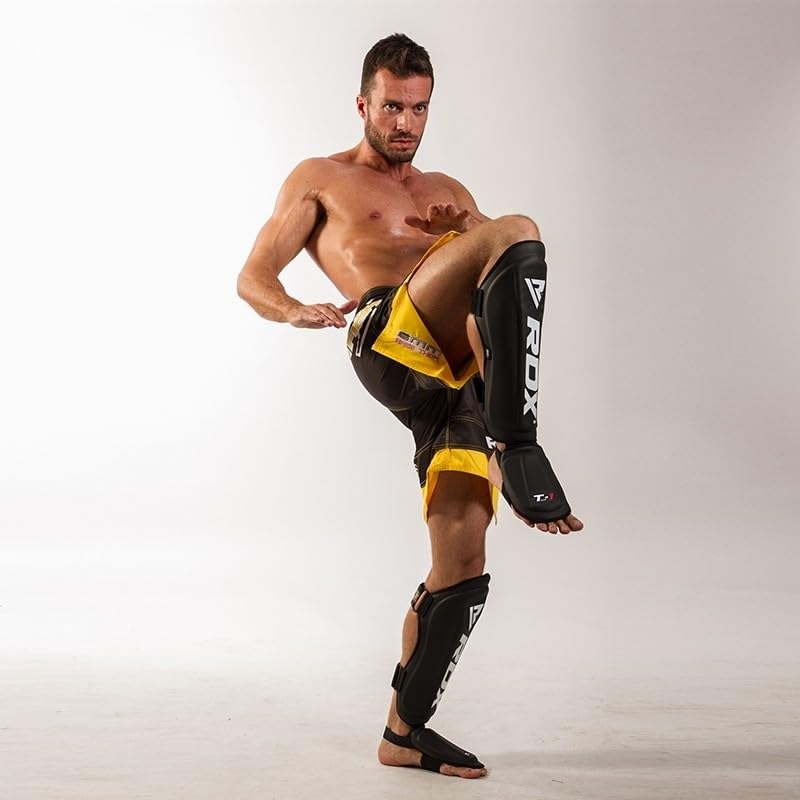 RDX Shin Guards Kickboxing Muay Thai, SATRA SMMAF Approved, Premium Maya Hide Leather, Leg Instep Protection Pads, MMA Martial Arts Kicking Sparring Training Gear, BJJ Karate Boxing Taekwondo, Black - Image 2