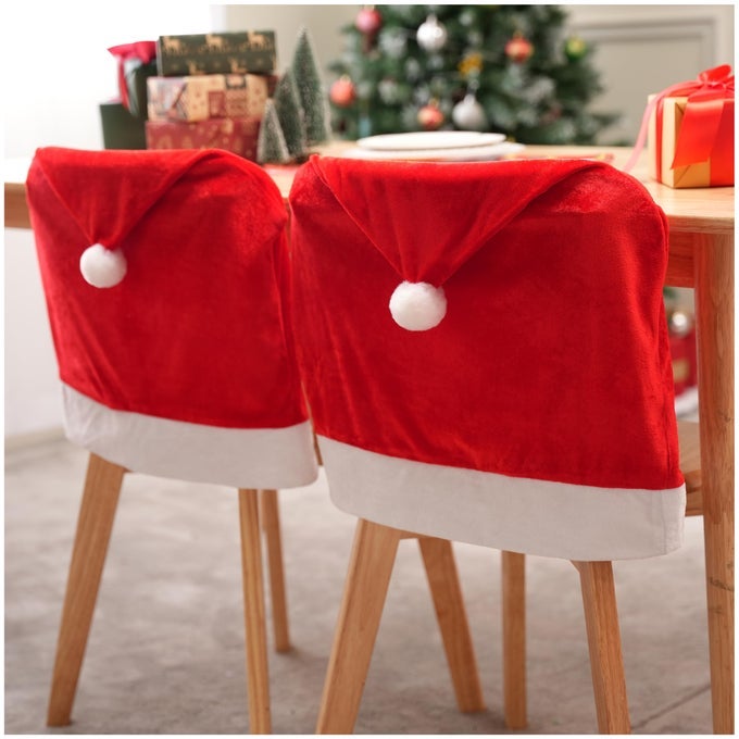 4 Pcs Christmas Chair Cover Red Santa Hat Chair Slipcovers for Christmas Holiday Festival Decoration Santa Claus Chair Back Covers Xmas Indoor Decor Ornaments Set