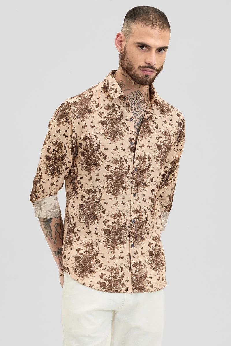 SNITCH Beige Floral Long Sleeve Slim Fit Casual Shirt