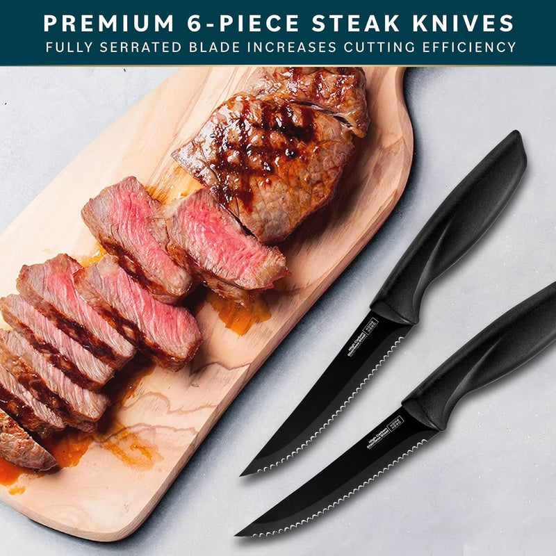 HomeHero طقم سكاكين ستيك - سكاكين ستيك مسننة غير لاصقة - طقم سكاكين مطبخ من الفولاذ المقاوم للصدأ - مقHandles TPR مريحة لقطع اللحم بدقة - 6 قطع، أسود - Image 4