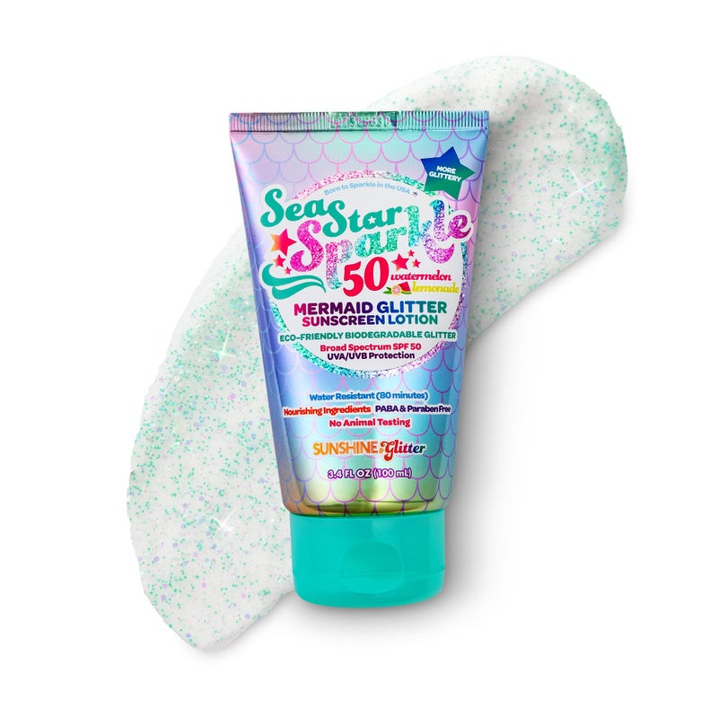 Sunshine & Glitter Seastar Sparkle - Mermaid Watermelon Lemonade Scented Glitter Sunscreen - SPF 50 - Biodegradable Sunscreen, Water Resistant, Glitter lotion, Cruelty Free, Kids Lotion, Made in USA, 3.4oz - Image 1
