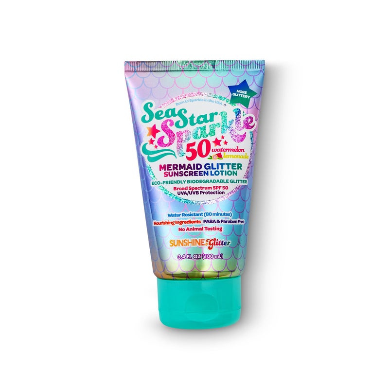 Sunshine & Glitter Seastar Sparkle - Mermaid Watermelon Lemonade Scented Glitter Sunscreen - SPF 50 - Biodegradable Sunscreen, Water Resistant, Glitter lotion, Cruelty Free, Kids Lotion, Made in USA, 3.4oz - Image 2