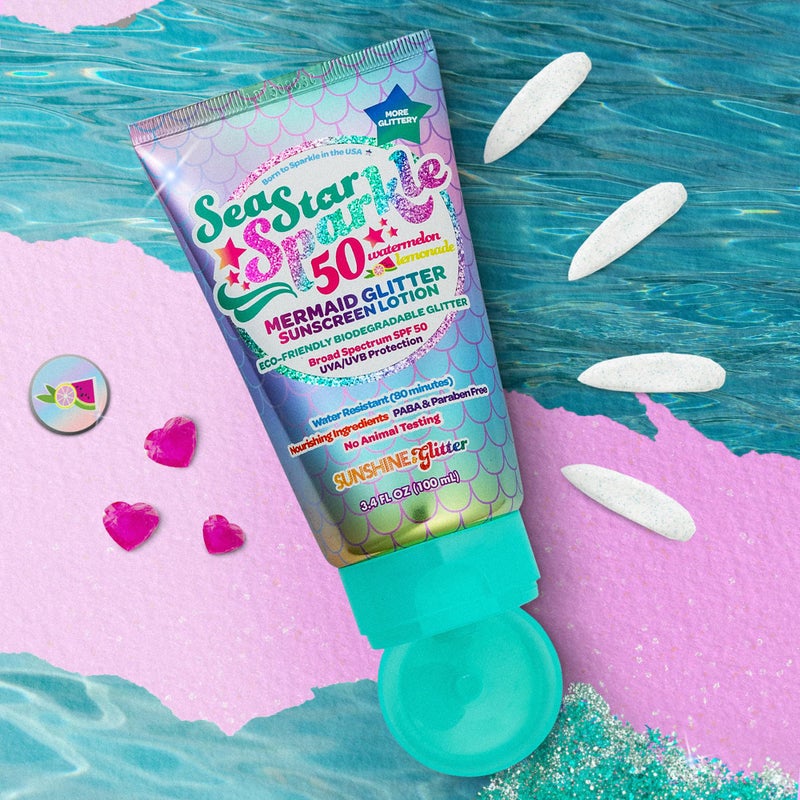 Sunshine & Glitter Seastar Sparkle - Mermaid Watermelon Lemonade Scented Glitter Sunscreen - SPF 50 - Biodegradable Sunscreen, Water Resistant, Glitter lotion, Cruelty Free, Kids Lotion, Made in USA, 3.4oz - Image 3