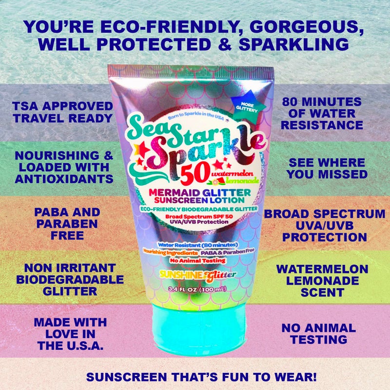 Sunshine & Glitter Seastar Sparkle - Mermaid Watermelon Lemonade Scented Glitter Sunscreen - SPF 50 - Biodegradable Sunscreen, Water Resistant, Glitter lotion, Cruelty Free, Kids Lotion, Made in USA, 3.4oz - Image 5