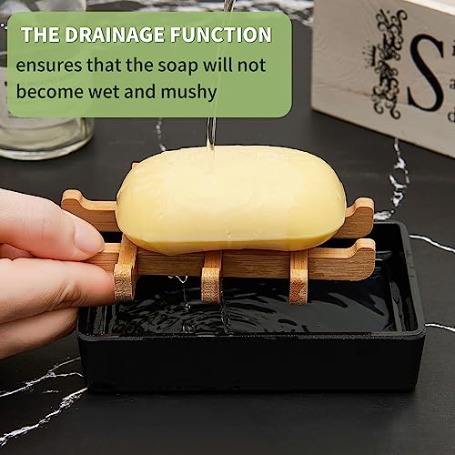 Maqqet Bamboo Soap Dishes for Shower with Drainage Wooden Soap Bar Holder for Bathroom Soap Tray Easy to Clean, Durable and with Non-Slip Pads(Single Black Square) - Image 3