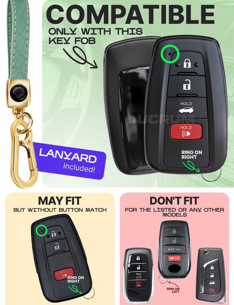 Lucrum Compatible with Toyota Key Fob Cover & Leather Keychain, Keyfob Case for Avalon Camry Corolla Prius RAV4 Highlander C-HR, For 4 Button Remote (2019-2024) - Green and Gold - Image 2