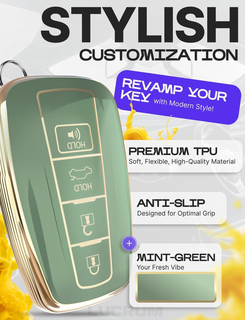 Lucrum Compatible with Toyota Key Fob Cover & Leather Keychain, Keyfob Case for Avalon Camry Corolla Prius RAV4 Highlander C-HR, For 4 Button Remote (2019-2024) - Green and Gold - Image 3