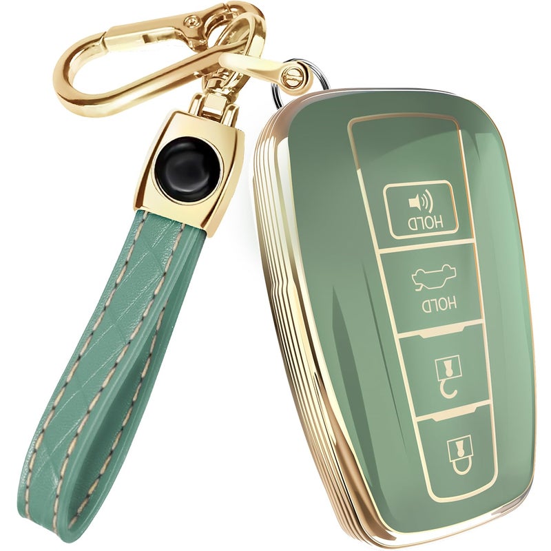 Lucrum Compatible with Toyota Key Fob Cover & Leather Keychain, Keyfob Case for Avalon Camry Corolla Prius RAV4 Highlander C-HR, For 4 Button Remote (2019-2024) - Green and Gold - Image 1