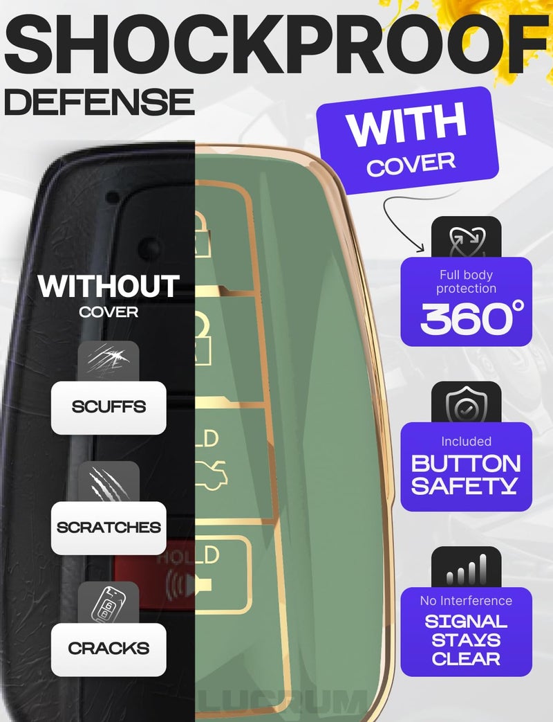 Lucrum Compatible with Toyota Key Fob Cover & Leather Keychain, Keyfob Case for Avalon Camry Corolla Prius RAV4 Highlander C-HR, For 4 Button Remote (2019-2024) - Green and Gold - Image 4