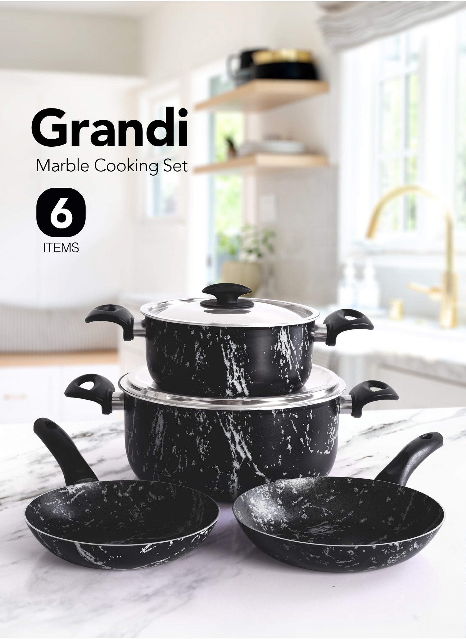 Grandi 6-Piece Non-Stick Cookware Set Aluminum Pots And Pans Non-Stick Surface Bakelite Handle Stainless Steel Lids PFOA Free Black Marble  20-24-18-22cm 