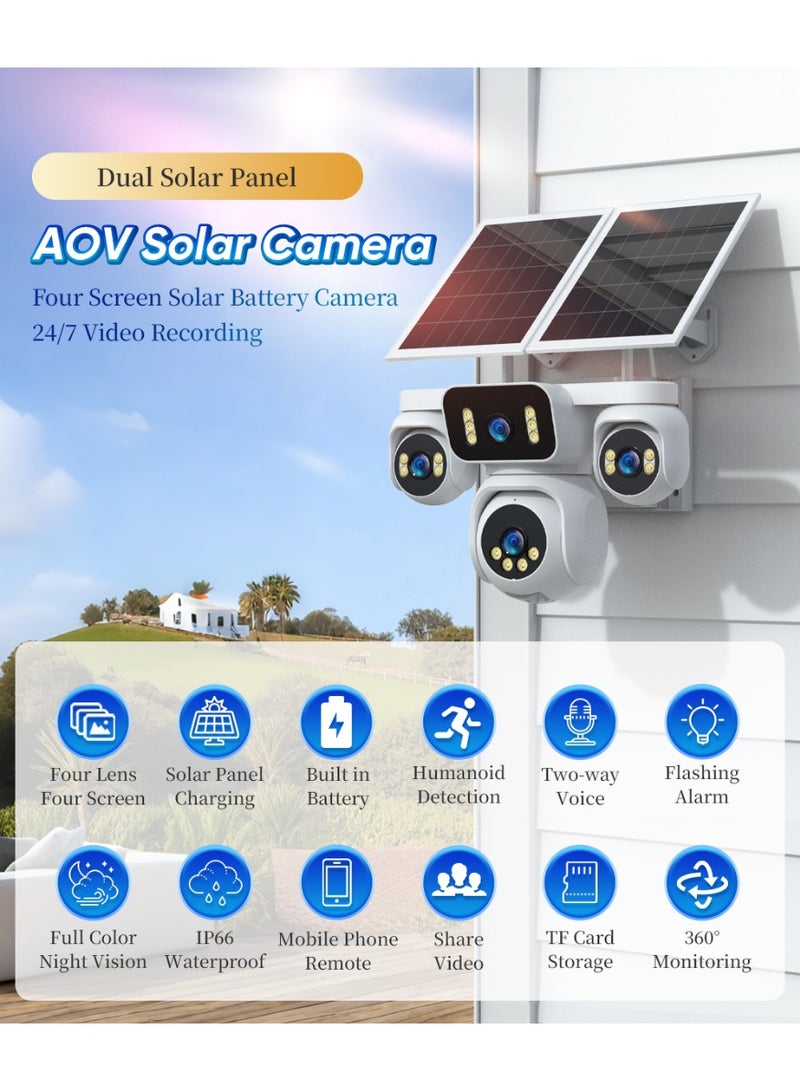 LS VISION 4 Screens AOV Solar Surveillance Cameras 4G 24/7 Recording Outdoor 16X Optical Zoom Auto Tracking 20W Solar Panel IP66，Standard 128GB memory card and built-in 16000mAh battery - Image 2
