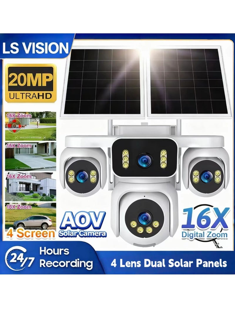 LS VISION 4 Screens AOV Solar Surveillance Cameras 4G 24/7 Recording Outdoor 16X Optical Zoom Auto Tracking 20W Solar Panel IP66，Standard 128GB memory card and built-in 16000mAh battery - Image 1