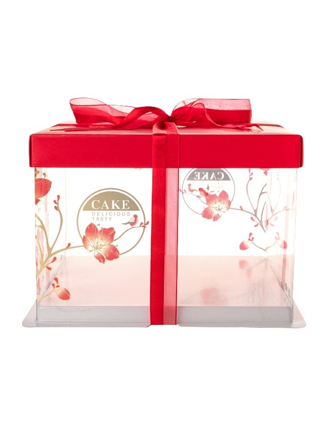 Restaurantware 8.5 Inch x 6.75 Inch Transparent Cake Boxes, 10 Red Lid Clear Cake Boxes - No Grease Base, Red Ribbon, Clear Plastic Birthday Cake Boxes, Bird Accent, For Weddings Or Birthdays - Image 1
