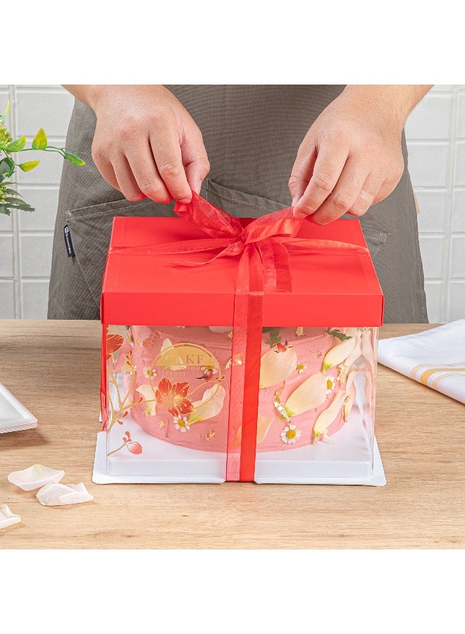 Restaurantware 8.5 Inch x 6.75 Inch Transparent Cake Boxes, 10 Red Lid Clear Cake Boxes - No Grease Base, Red Ribbon, Clear Plastic Birthday Cake Boxes, Bird Accent, For Weddings Or Birthdays - Image 5