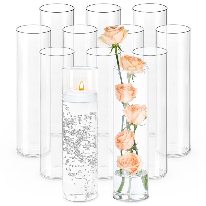 TBWIND 12Pcs Glass Cylinder Vases 12 Inch Tall Clear Flower Vases for Centerpieces Wedding Decoration, Hurricane Floating Candle Holder for Party Table Home Decor - Image 1