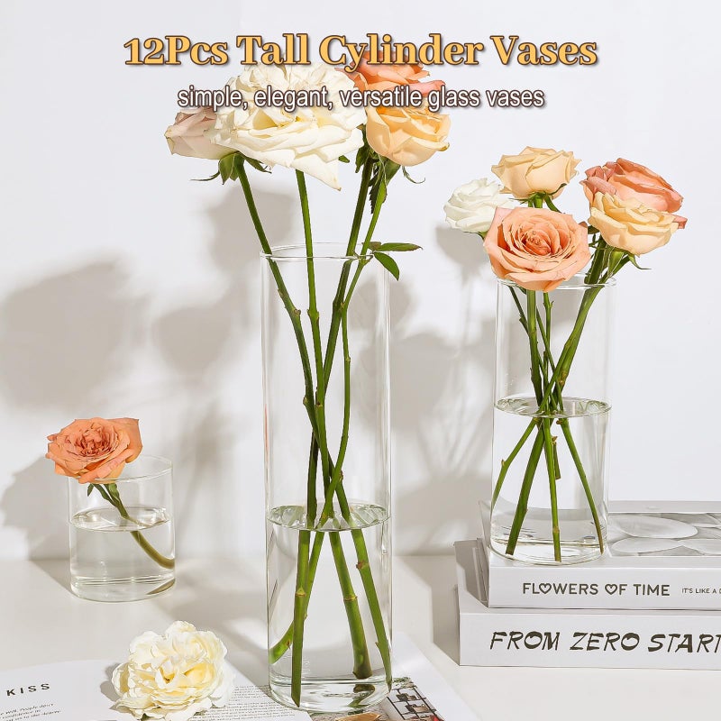 TBWIND 12Pcs Glass Cylinder Vases 12 Inch Tall Clear Flower Vases for Centerpieces Wedding Decoration, Hurricane Floating Candle Holder for Party Table Home Decor - Image 5