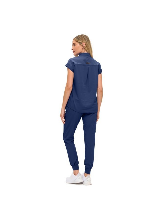 MONARCH UNIFORMS طقم سكراب للنساء مع قميص سكراب كبير الحجم مع ياقة ماندارين. طقم سكراب مريح للغاية للنساء، أزرق داكن، M - Image 3
