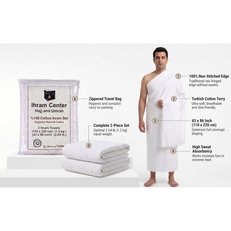 Ihram for Men - For Hajj and Umrah 2 PCS Hygienic Natural 100 Cotton Towels 110 x 220 cm Lightweight Soft Absorbent - Image 5