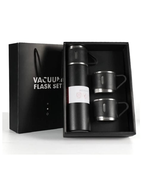 Thermos Bottle with 2 Extra Cups, 500ml Vacuum Flask Set, Stainless Steel, Leak proof, Travel Bottles for Hot and Cold drinks (Black)