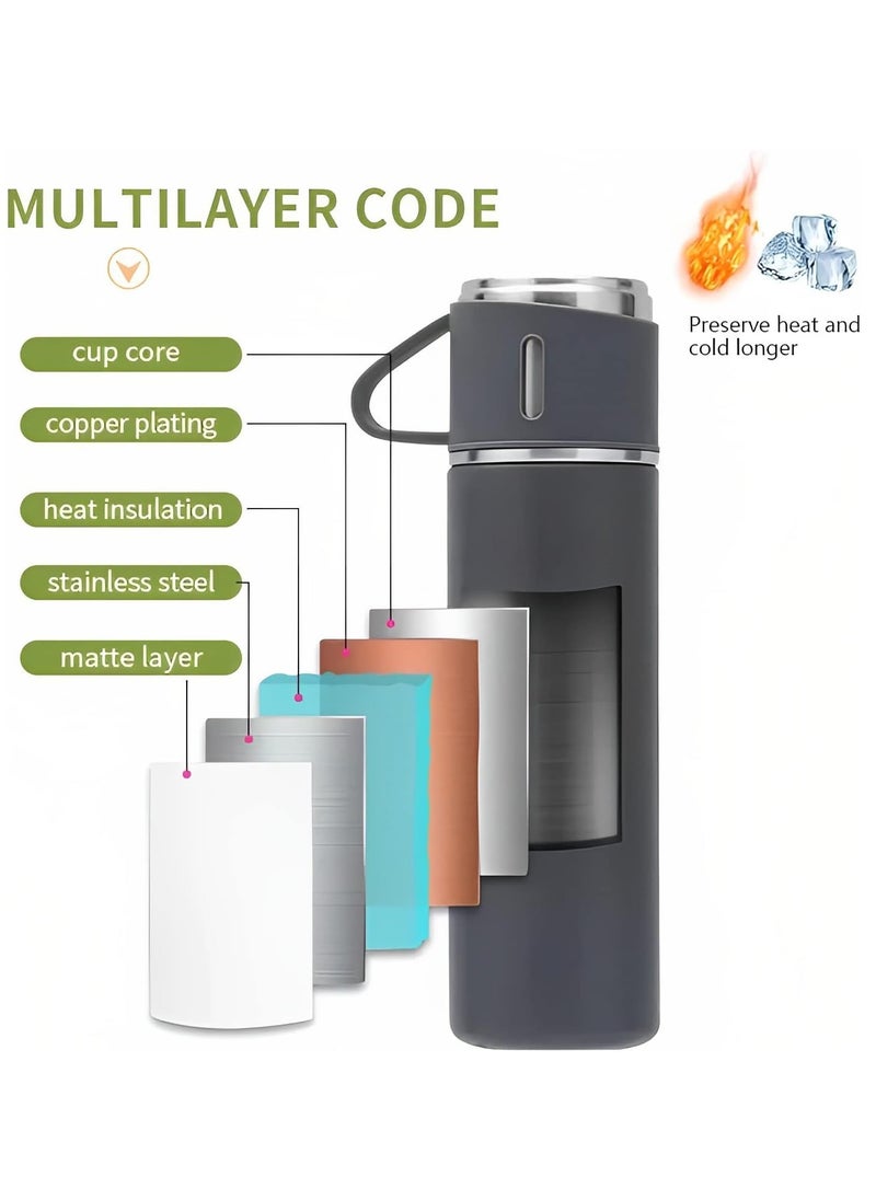 Thermos Bottle with 2 Extra Cups, 500ml Vacuum Flask Set, Stainless Steel, Leak proof, Travel Bottles for Hot and Cold drinks (Black)