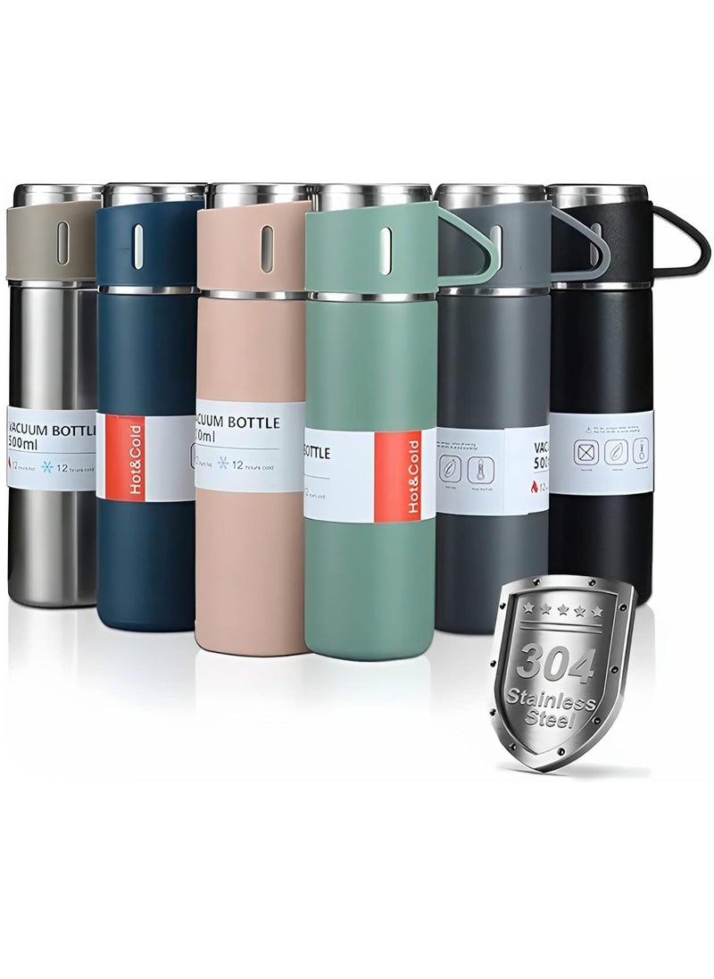 Thermos Bottle with 2 Extra Cups, 500ml Vacuum Flask Set, Stainless Steel, Leak proof, Travel Bottles for Hot and Cold drinks (Black)