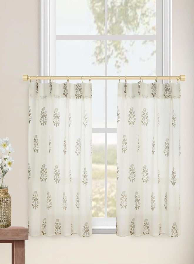 Lino Rosa Cafe Curtains for Kitchen, Pleated Pleated Small Window Curtains Over Sink, Modern Farmhouse Neutral Linen Transparent Taupe Floral Block Print 24 Inch Long Half Curtain for Windows - Image 3