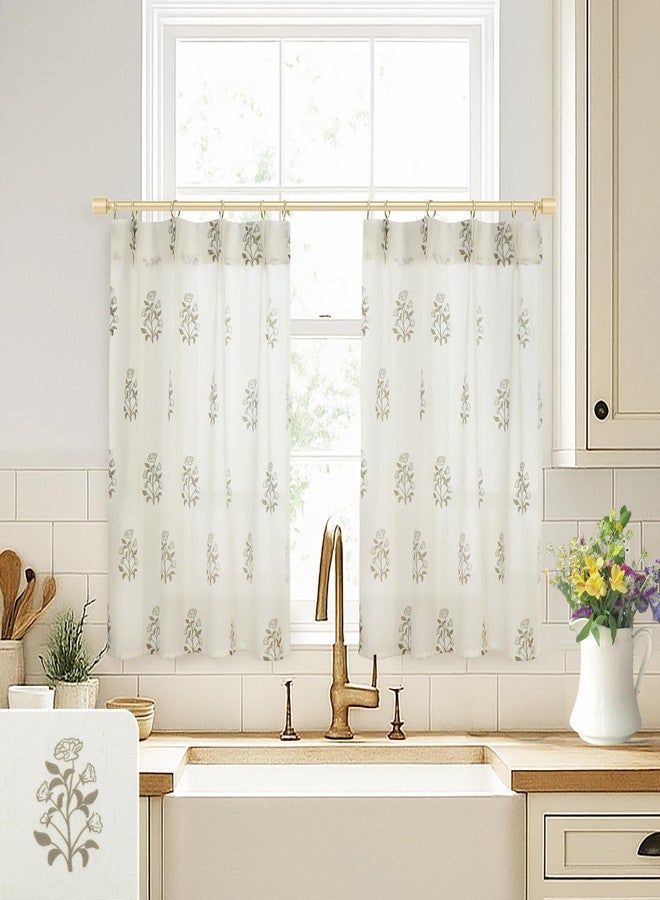 Lino Rosa Cafe Curtains for Kitchen, Pleated Pleated Small Window Curtains Over Sink, Modern Farmhouse Neutral Linen Transparent Taupe Floral Block Print 24 Inch Long Half Curtain for Windows - Image 1