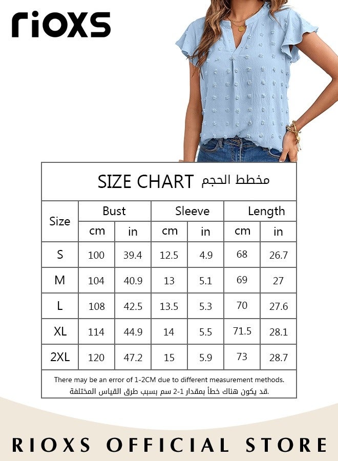RIOXS Women's Summer Elegant T-shirt V-neck Ruffle Short Sleeve Top Casual Solid Color Chiffon Cool Shirt for Daily Wear  - Image 2