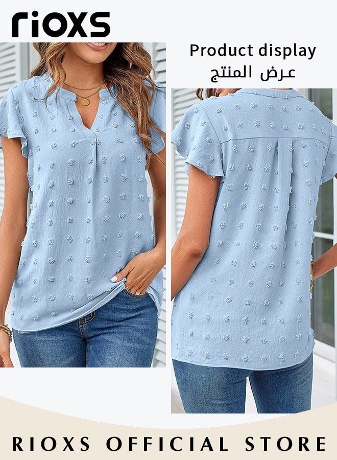 RIOXS Women's Summer Elegant T-shirt V-neck Ruffle Short Sleeve Top Casual Solid Color Chiffon Cool Shirt for Daily Wear  - Image 4