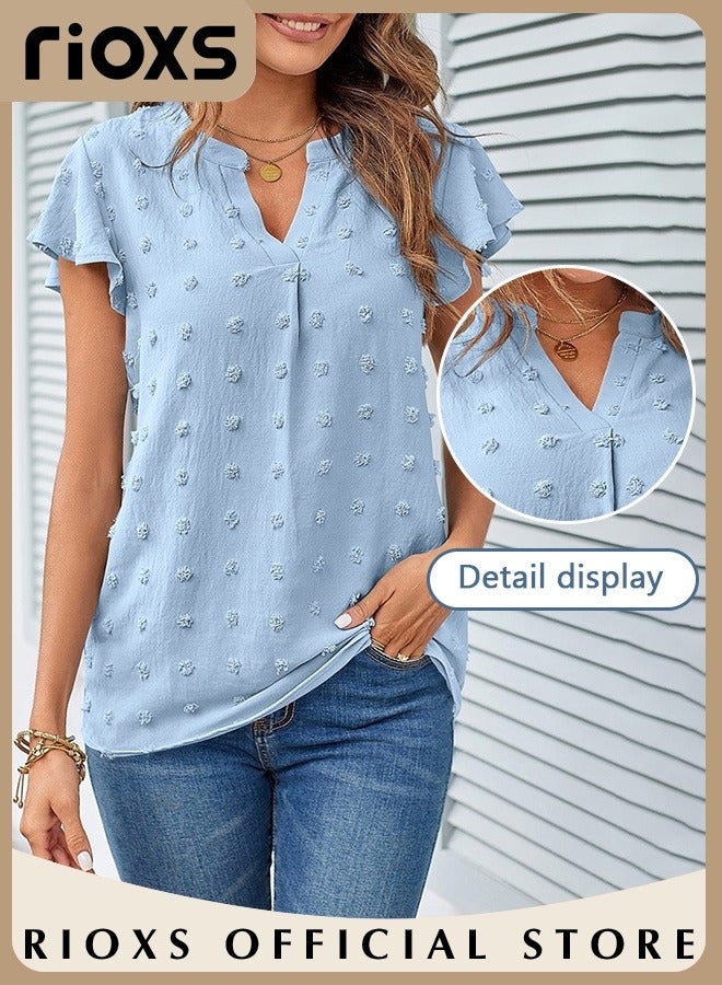 RIOXS Women's Summer Elegant T-shirt V-neck Ruffle Short Sleeve Top Casual Solid Color Chiffon Cool Shirt for Daily Wear  - Image 5