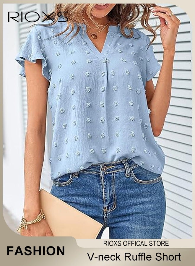 RIOXS Women's Summer Elegant T-shirt V-neck Ruffle Short Sleeve Top Casual Solid Color Chiffon Cool Shirt for Daily Wear  - Image 1