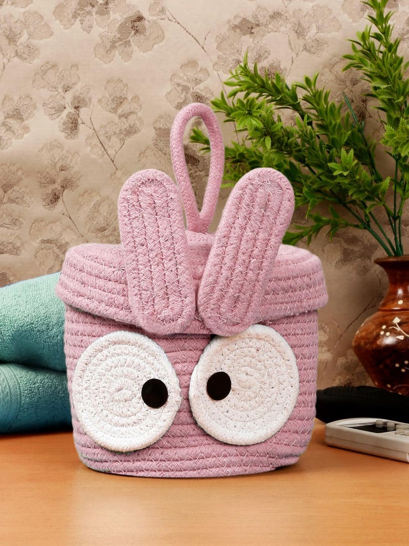 Juteify Cartoon Design Cotton Multi Purpose Organiser with Lid for Bathroom Living Room & Kitchen Organiser Box Vanity Box First aid Box (Pink)  - Image 1