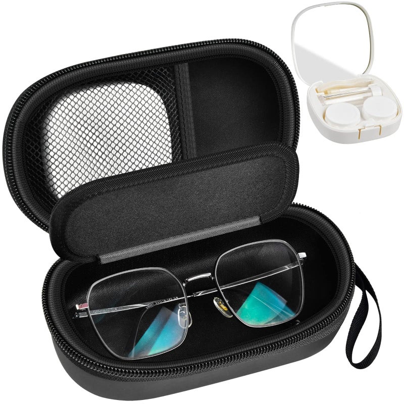GWCASE Portable 2 in 1 Contact Lens Case and Glasses Case, Traveling Contact Cases Bag Box Holder with Soak Storage Kit Included Built-in Mirror, Tweezer, Contact Lens Solution Bottle and Hand Strap-Black - Image 1