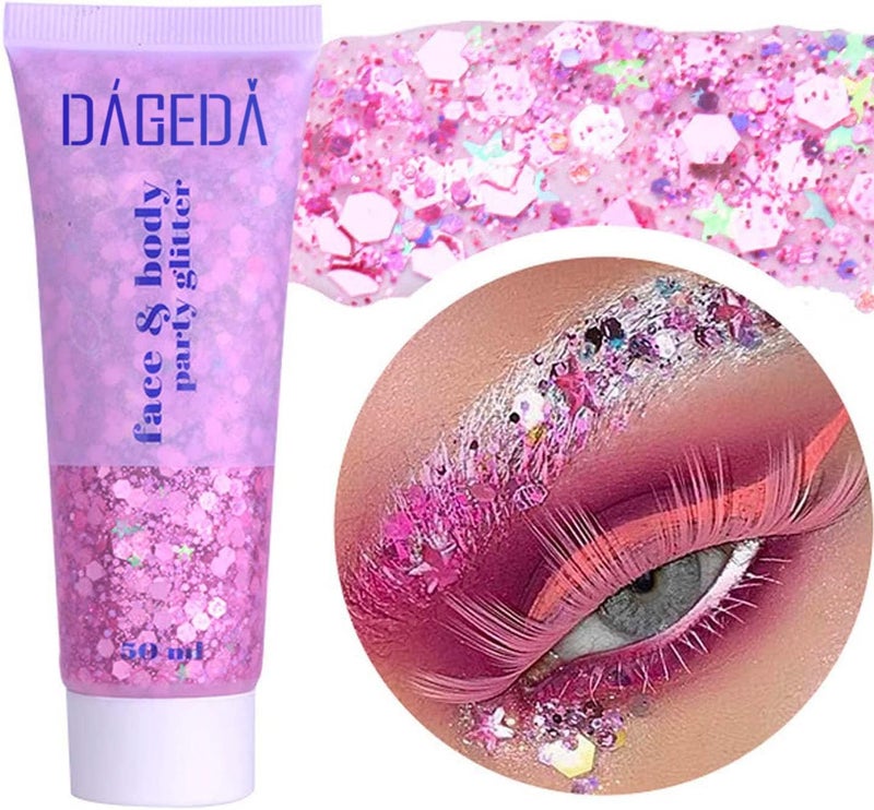 DAGEDA Body Glitter Gel, Face Glitters Body Gel Sequins Shimmer Liquid Eyeshadow, Chunky Glitter for Face Hair Nails, Holographic Cosmetic Laser Powder Festival Makeup 50ml(Pink) - Image 1