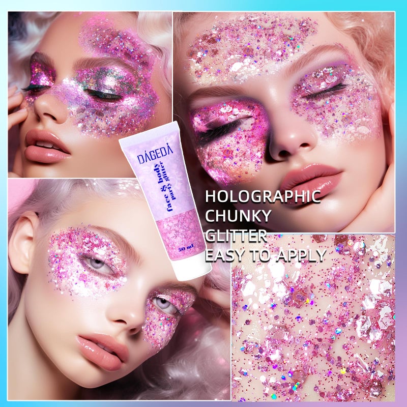 DAGEDA Body Glitter Gel, Face Glitters Body Gel Sequins Shimmer Liquid Eyeshadow, Chunky Glitter for Face Hair Nails, Holographic Cosmetic Laser Powder Festival Makeup 50ml(Pink) - Image 4