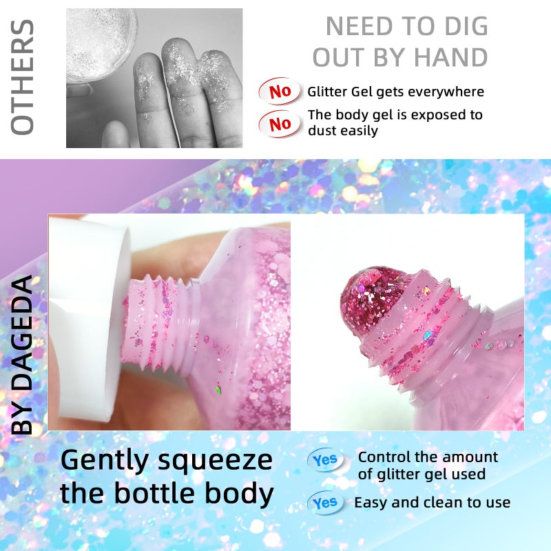 DAGEDA Body Glitter Gel, Face Glitters Body Gel Sequins Shimmer Liquid Eyeshadow, Chunky Glitter for Face Hair Nails, Holographic Cosmetic Laser Powder Festival Makeup 50ml(Pink) - Image 5